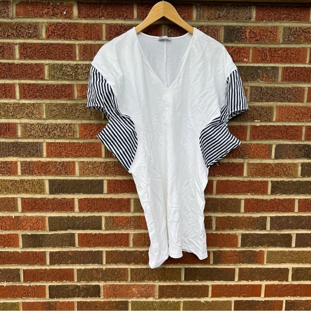 Zara White V neck Black and White Striped Puff Sleeve Long Line Short Sleeve Top